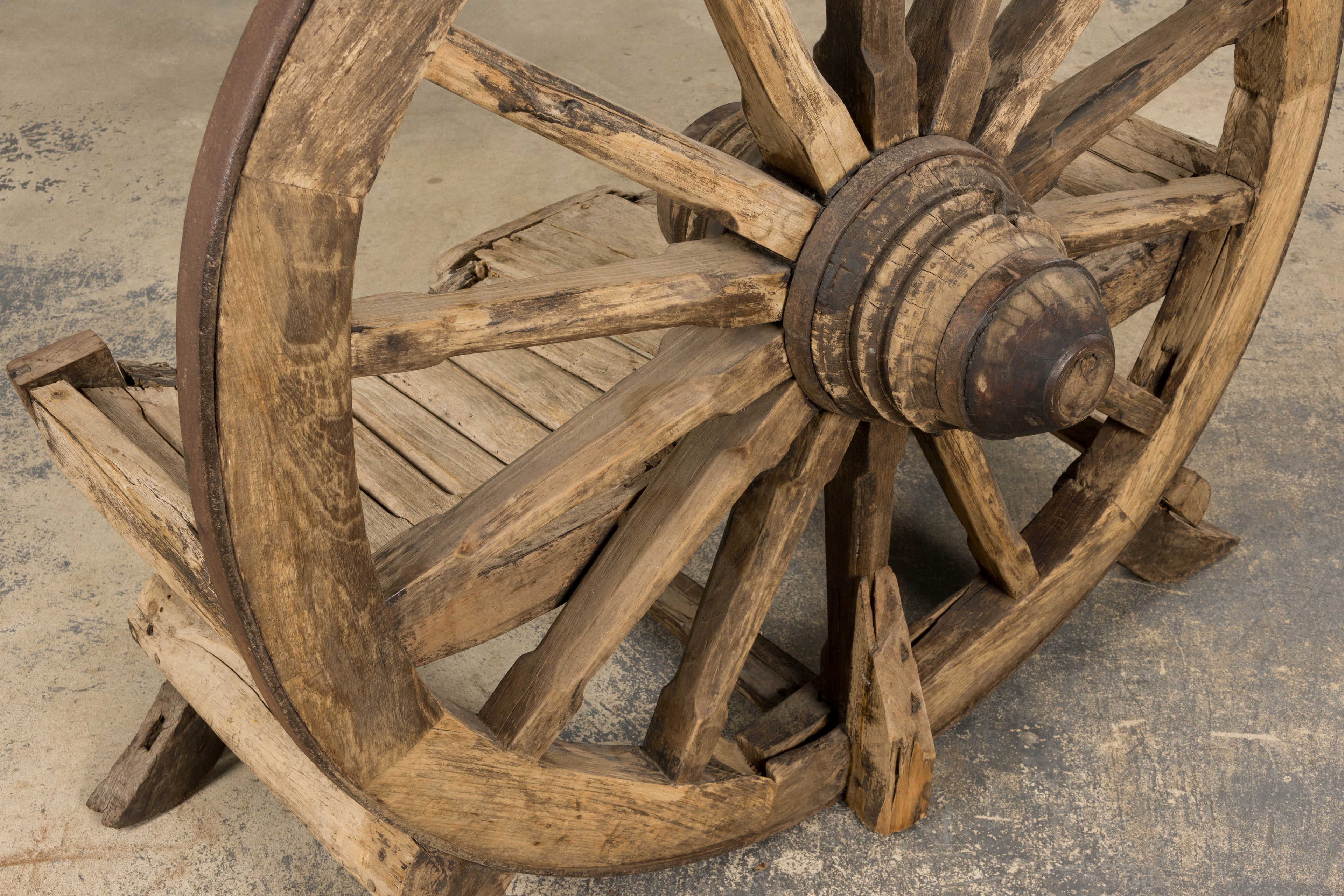 Early 19th Century Country French Farmhouse Oak Outdoor Wagon Wheel Bench