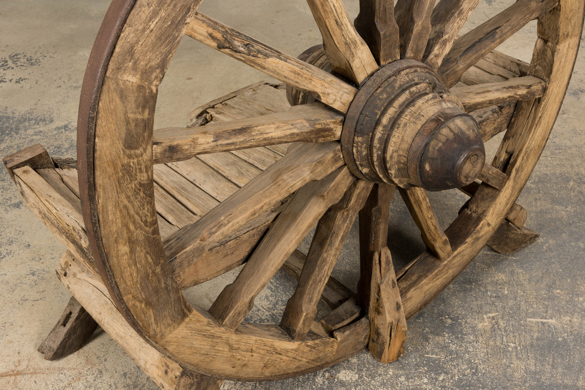 Early 19th Century Country French Farmhouse Oak Outdoor Wagon Wheel Bench