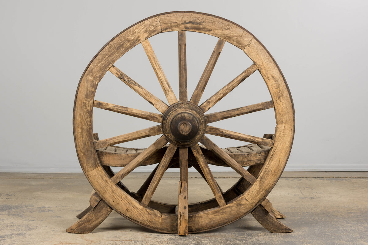 Early 19th Century Country French Farmhouse Oak Outdoor Wagon Wheel Bench