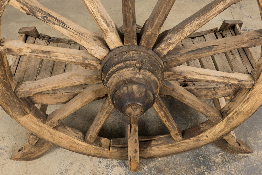 Early 19th Century Country French Farmhouse Oak Outdoor Wagon Wheel Bench