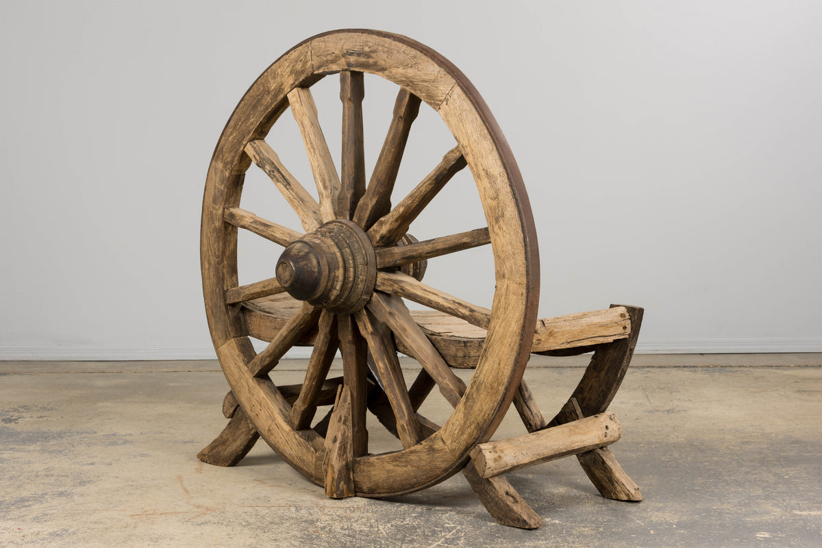 Early 19th Century Country French Farmhouse Oak Outdoor Wagon Wheel Bench