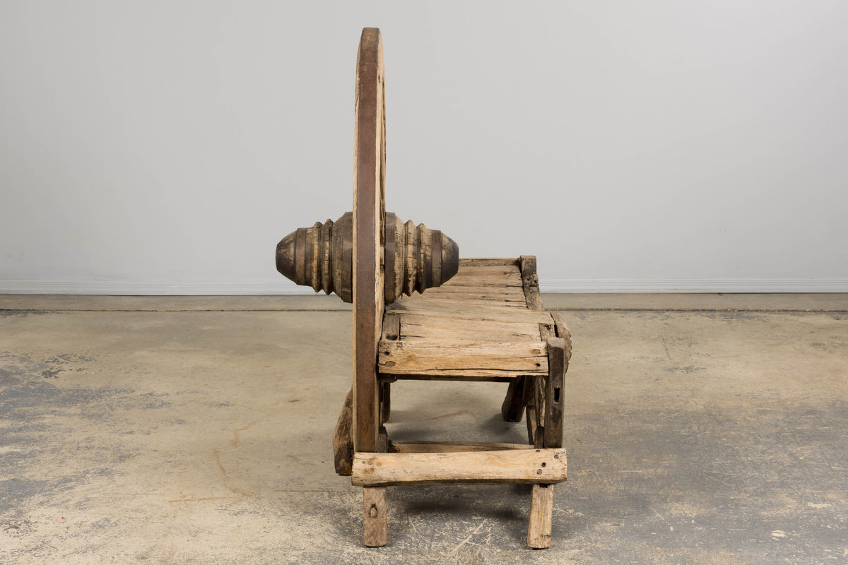 Early 19th Century Country French Farmhouse Oak Outdoor Wagon Wheel Bench