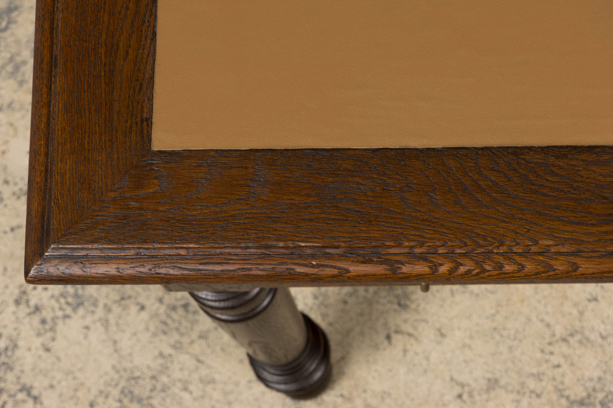 19th Century French Louis Philippe Oak Partners Desk with Faux Brown Leather Top