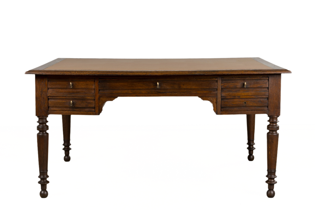 19th Century French Louis Philippe Oak Partners Desk with Faux Brown Leather Top