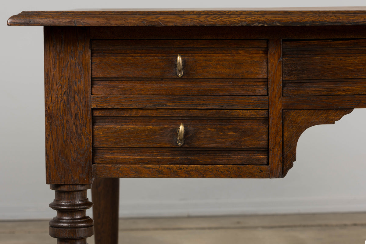 19th Century French Louis Philippe Oak Partners Desk with Faux Brown Leather Top
