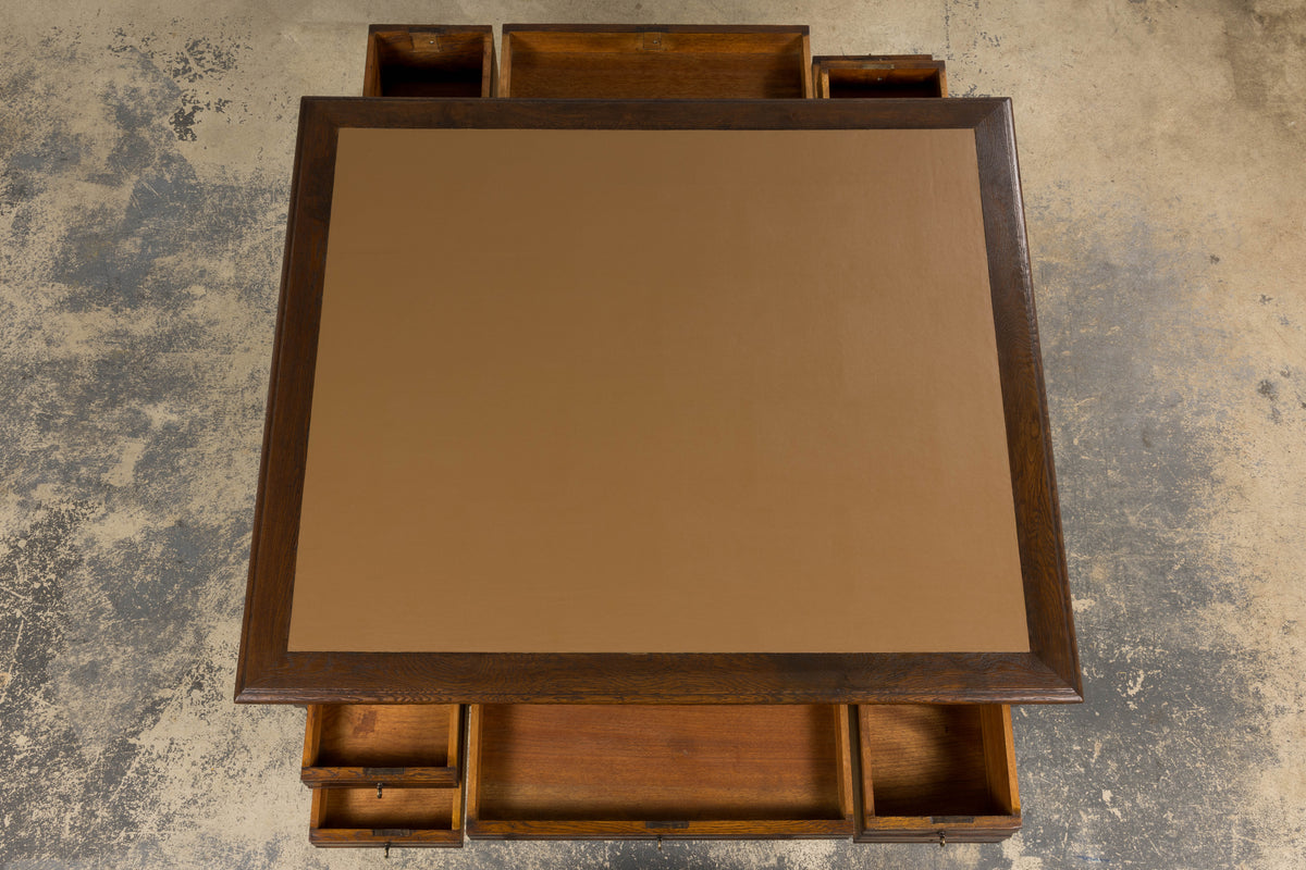 19th Century French Louis Philippe Oak Partners Desk with Faux Brown Leather Top