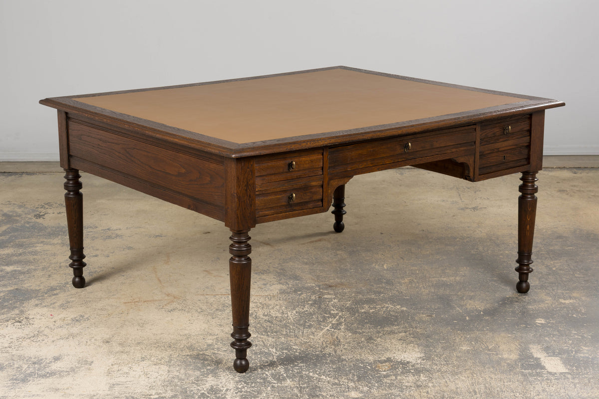 19th Century French Louis Philippe Oak Partners Desk with Faux Brown Leather Top
