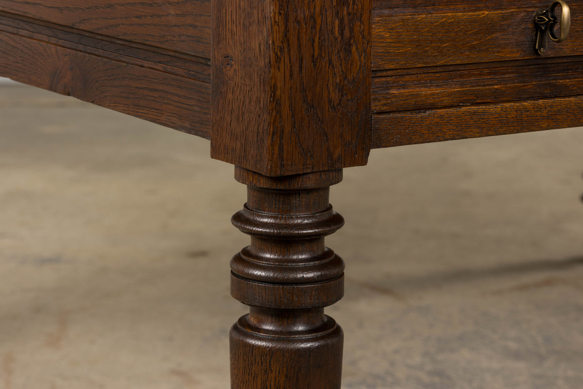 19th Century French Louis Philippe Oak Partners Desk with Faux Brown Leather Top