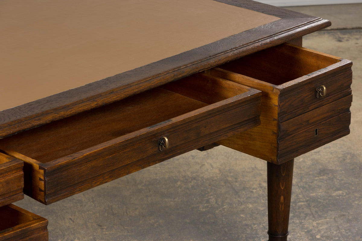 19th Century French Louis Philippe Oak Partners Desk with Faux Brown Leather Top