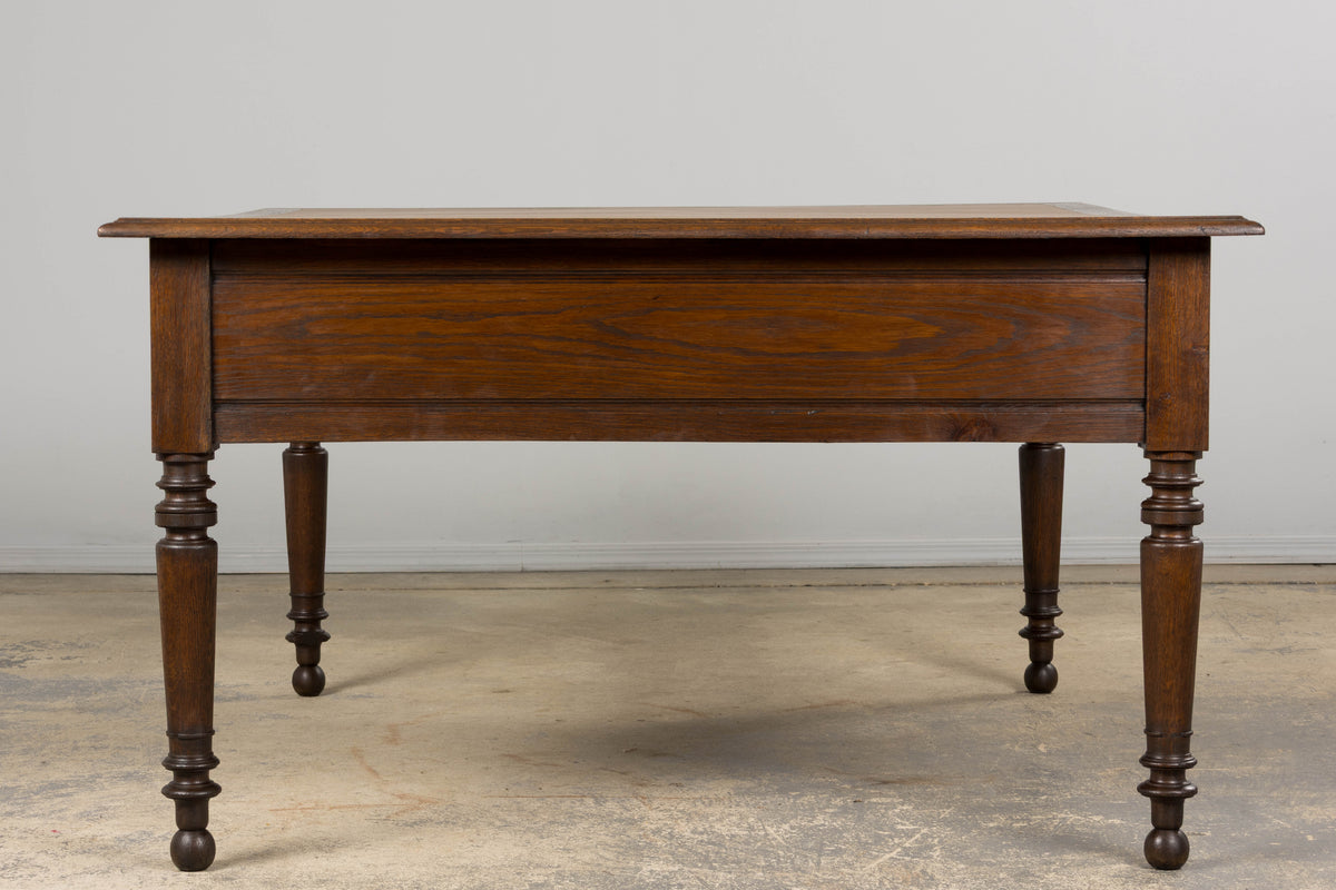19th Century French Louis Philippe Oak Partners Desk with Faux Brown Leather Top