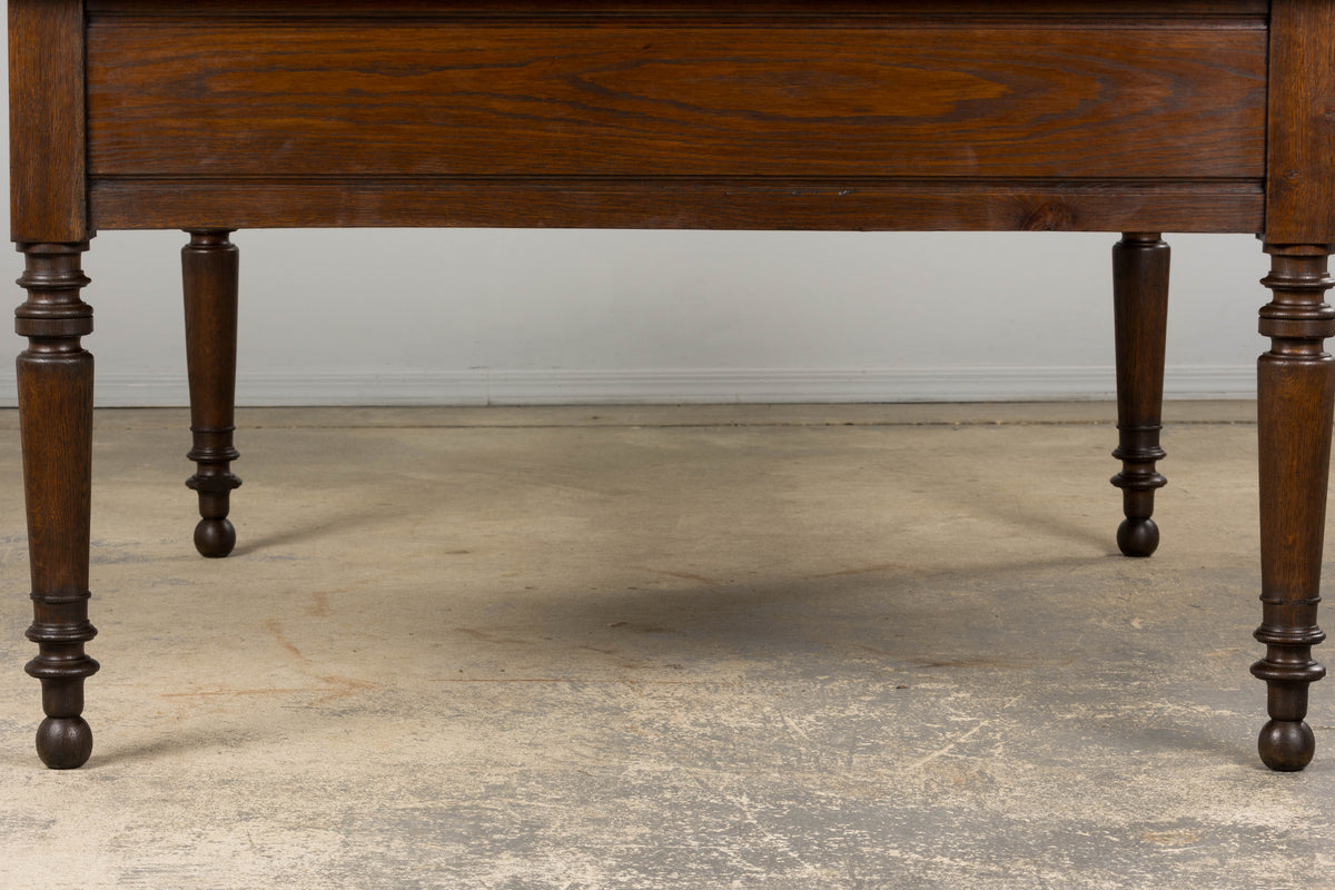 19th Century French Louis Philippe Oak Partners Desk with Faux Brown Leather Top