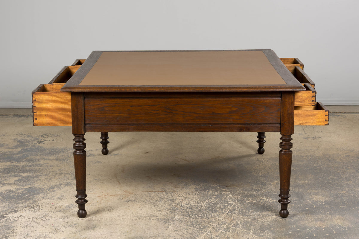 19th Century French Louis Philippe Oak Partners Desk with Faux Brown Leather Top