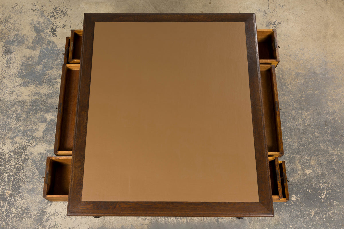 19th Century French Louis Philippe Oak Partners Desk with Faux Brown Leather Top