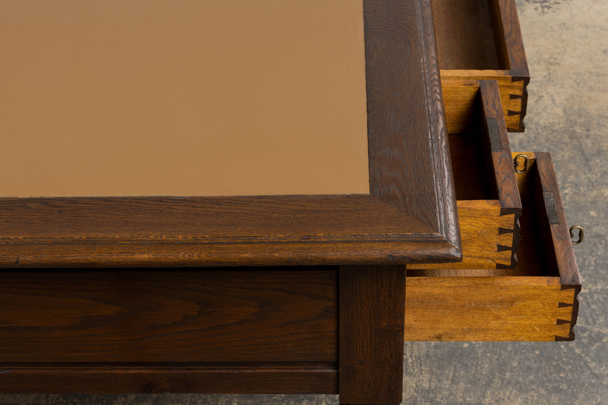 19th Century French Louis Philippe Oak Partners Desk with Faux Brown Leather Top