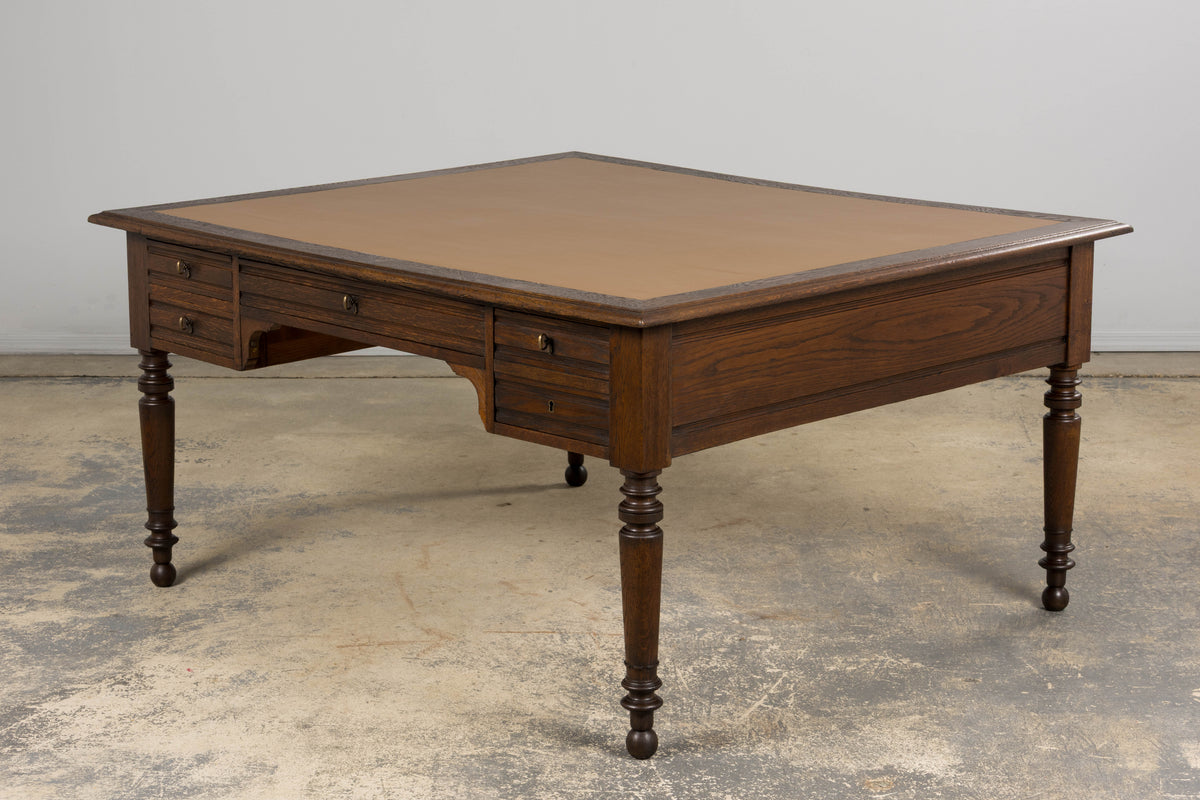 19th Century French Louis Philippe Oak Partners Desk with Faux Brown Leather Top