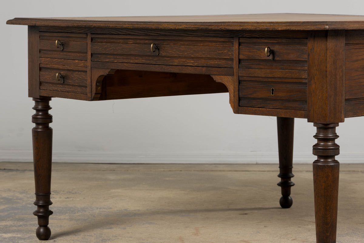 19th Century French Louis Philippe Oak Partners Desk with Faux Brown Leather Top