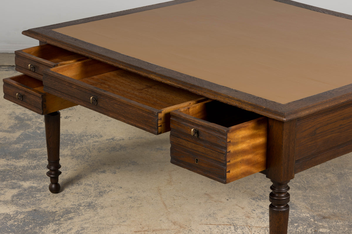 19th Century French Louis Philippe Oak Partners Desk with Faux Brown Leather Top