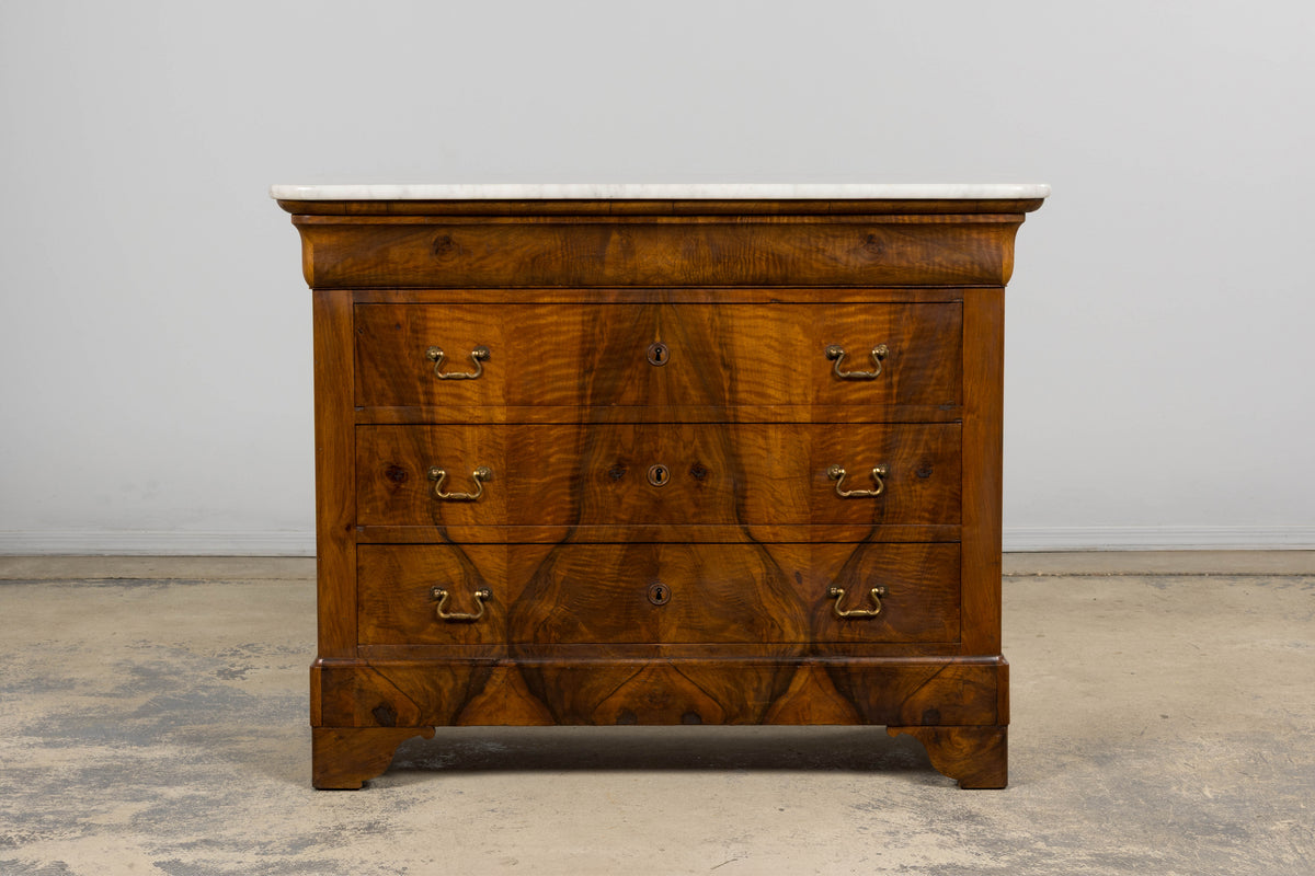 19th Century French Louis Philippe Walnut Chest of Drawers W/ Carrara Marble