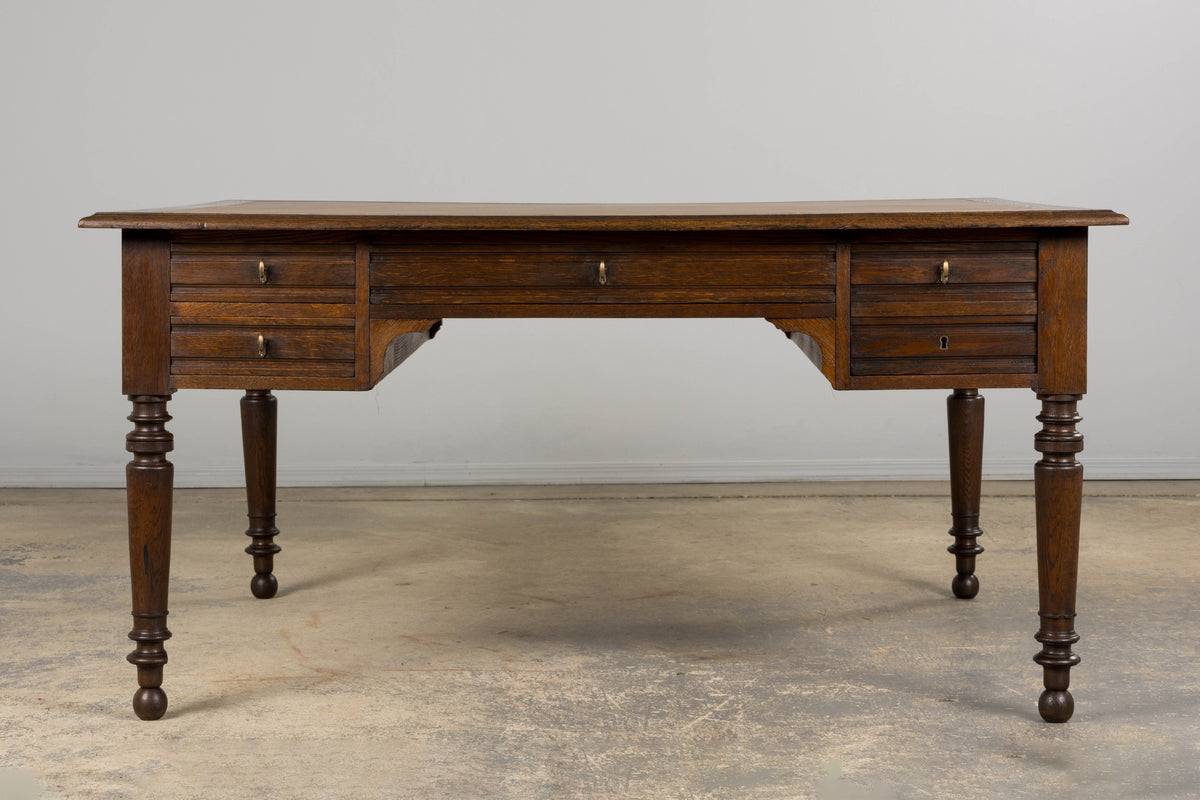 19th Century French Louis Philippe Oak Partners Desk with Faux Brown Leather Top