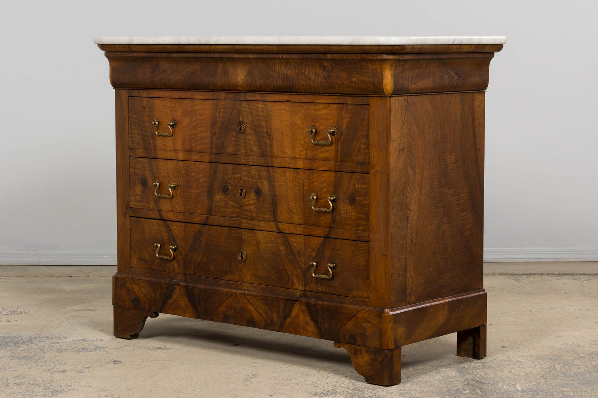 19th Century French Louis Philippe Walnut Chest of Drawers W/ Carrara Marble