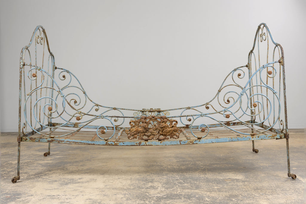 19th Century French Napoleon III Wrought Iron Painted Blue Outdoor Daybed