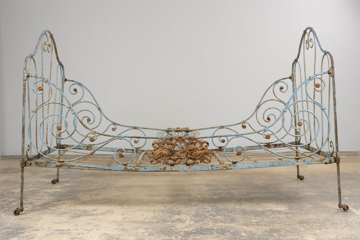 19th Century French Napoleon III Wrought Iron Painted Blue Outdoor Daybed