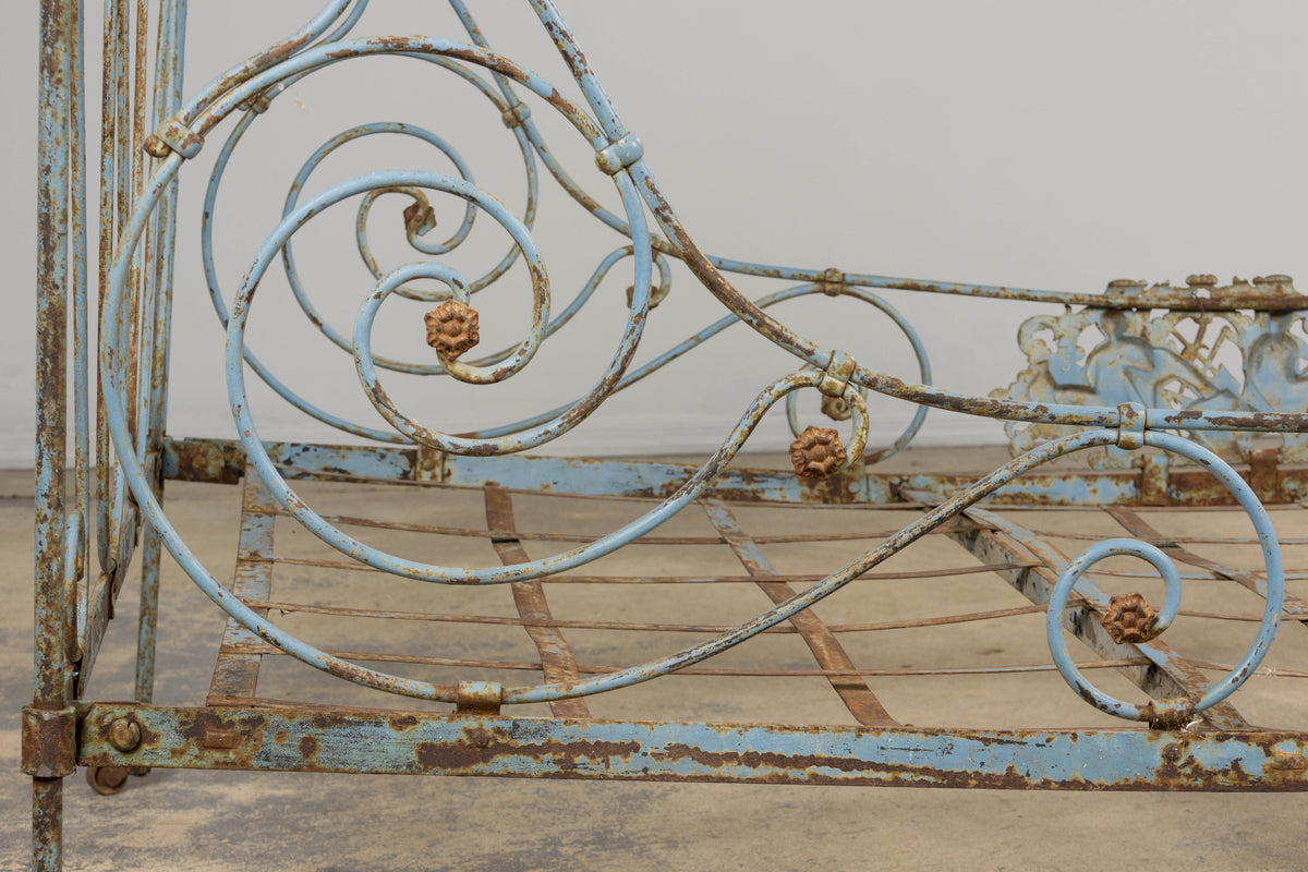 19th Century French Napoleon III Wrought Iron Painted Blue Outdoor Daybed