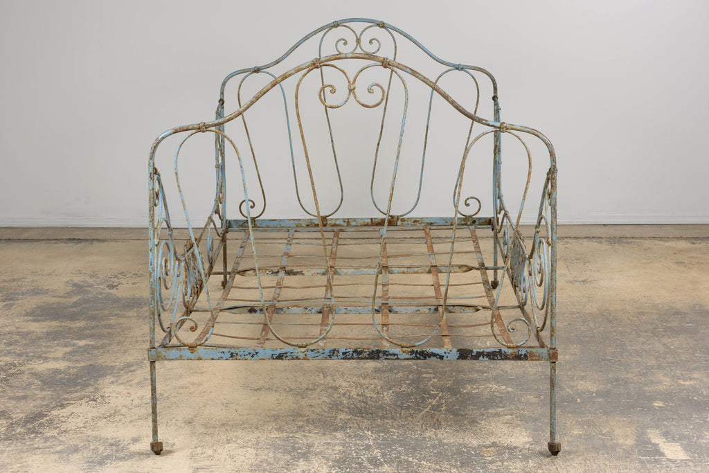 19th Century French Napoleon III Wrought Iron Painted Blue Outdoor Daybed