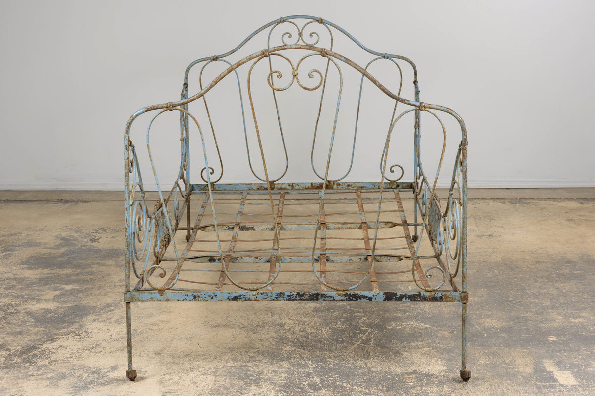 19th Century French Napoleon III Wrought Iron Painted Blue Outdoor Daybed