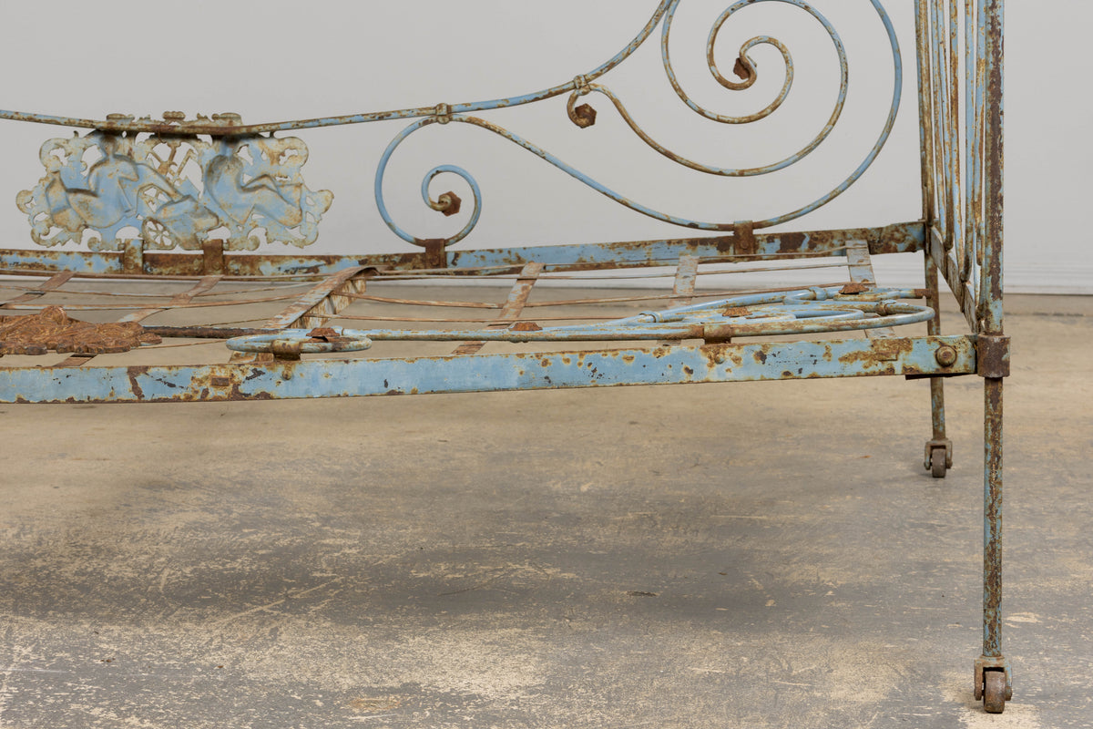 19th Century French Napoleon III Wrought Iron Painted Blue Outdoor Daybed