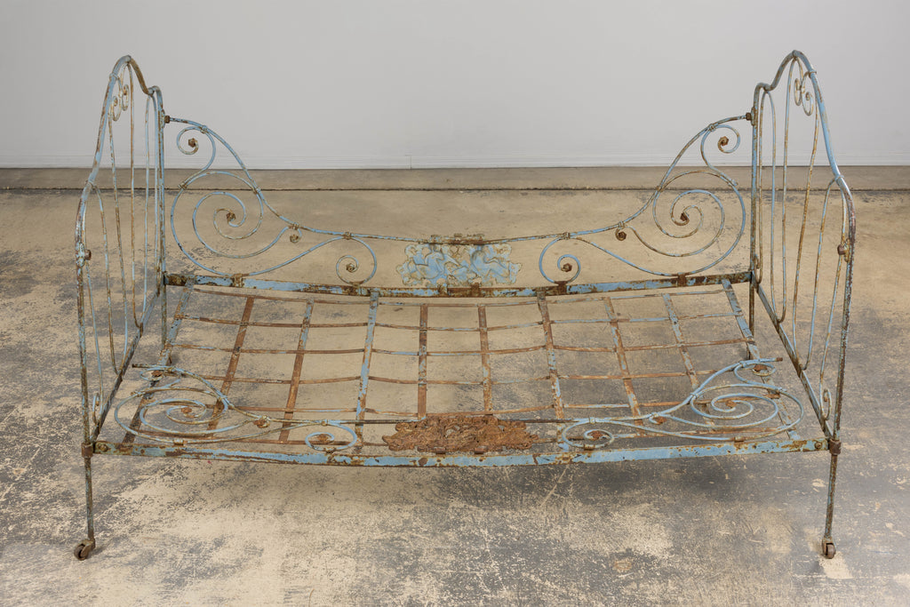19th Century French Napoleon III Wrought Iron Painted Blue Outdoor Daybed