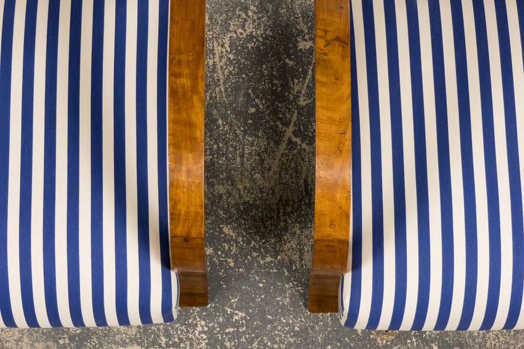 1930s French Art Deco Walnut Bridge Arm Lounge Chairs in Blue Stripe - A Pair
