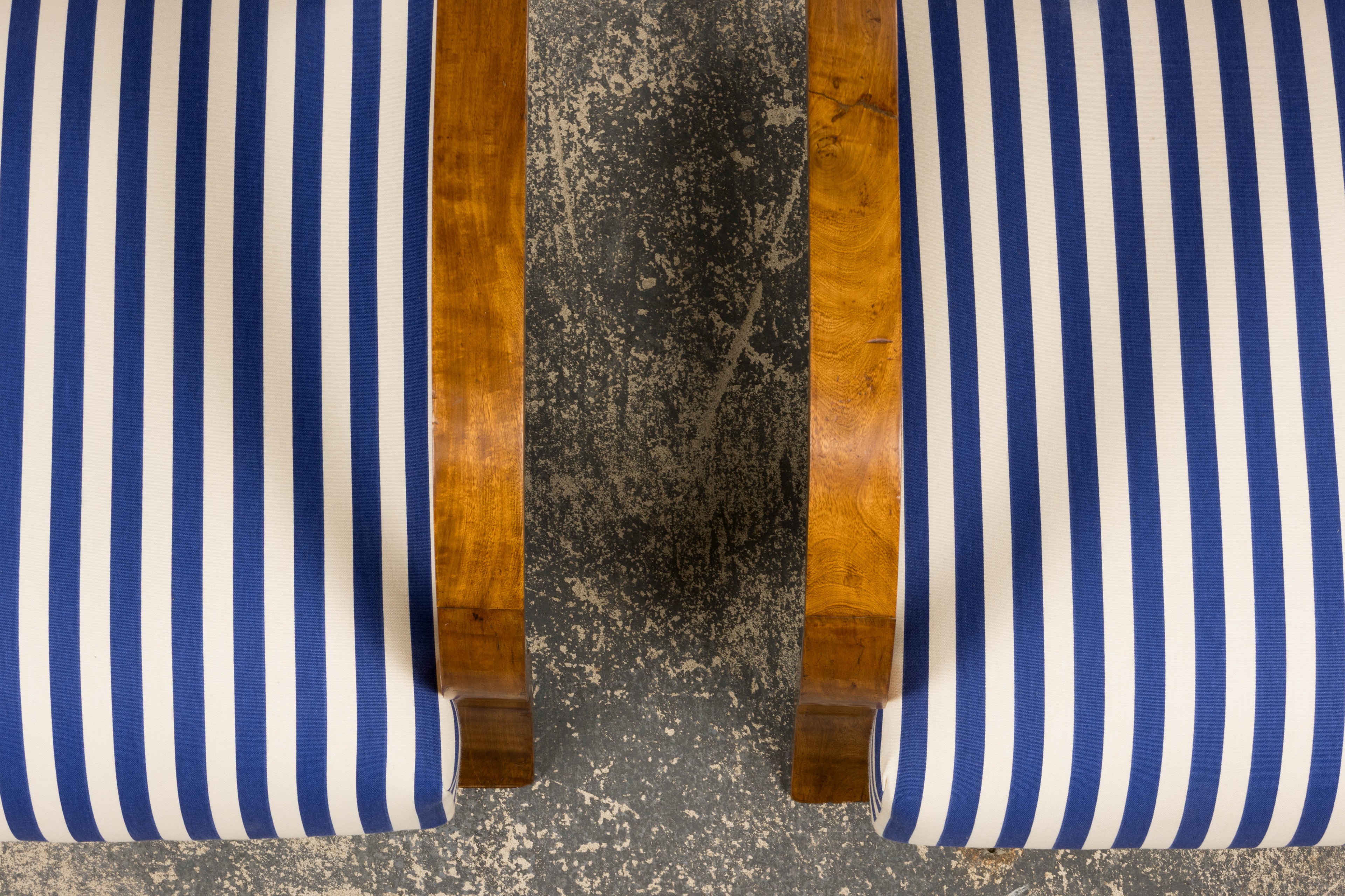 1930s French Art Deco Walnut Bridge Arm Lounge Chairs in Blue Stripe - A Pair