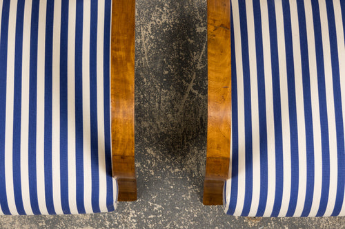 1930s French Art Deco Walnut Bridge Arm Lounge Chairs in Blue Stripe - A Pair