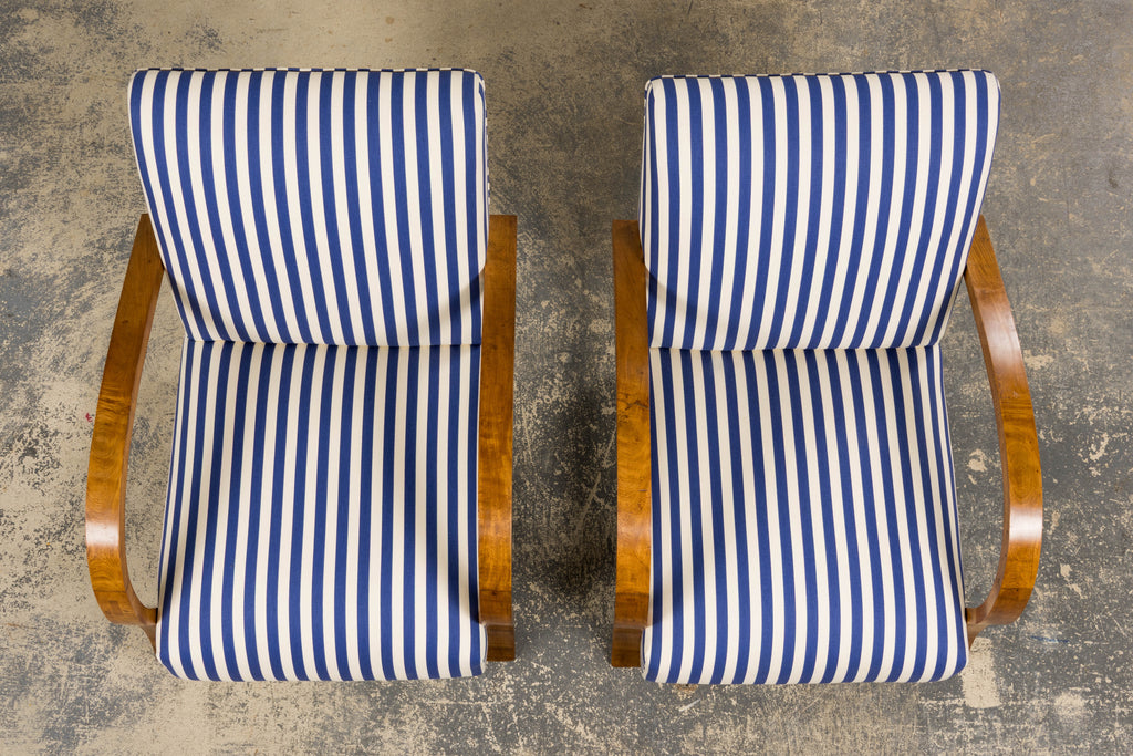 1930s French Art Deco Walnut Bridge Arm Lounge Chairs in Blue Stripe - A Pair