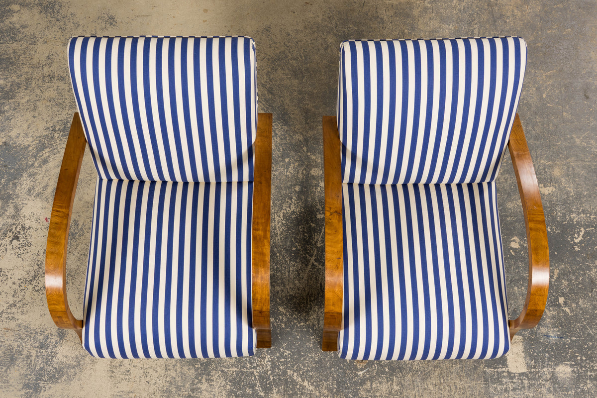 1930s French Art Deco Walnut Bridge Arm Lounge Chairs in Blue Stripe - A Pair