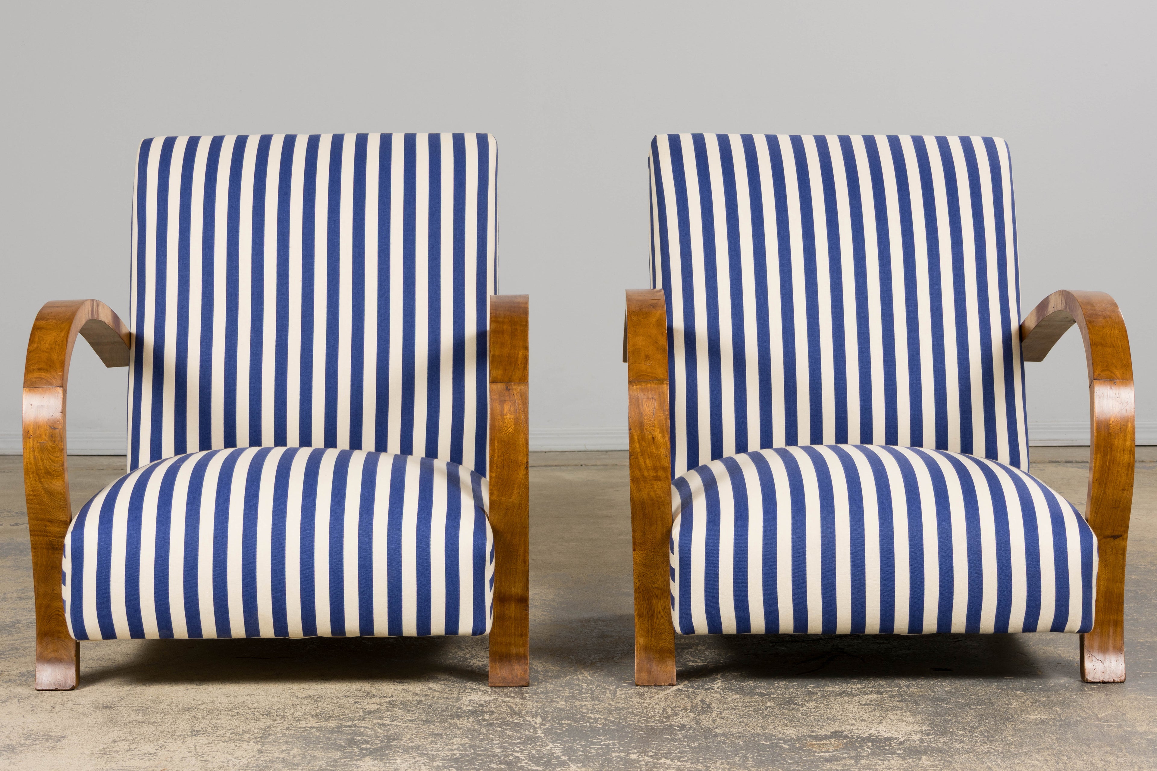 1930s French Art Deco Walnut Bridge Arm Lounge Chairs in Blue Stripe - A Pair