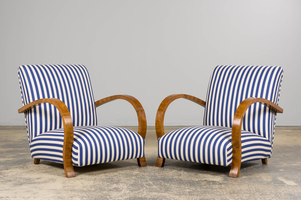 1930s French Art Deco Walnut Bridge Arm Lounge Chairs in Blue Stripe - A Pair