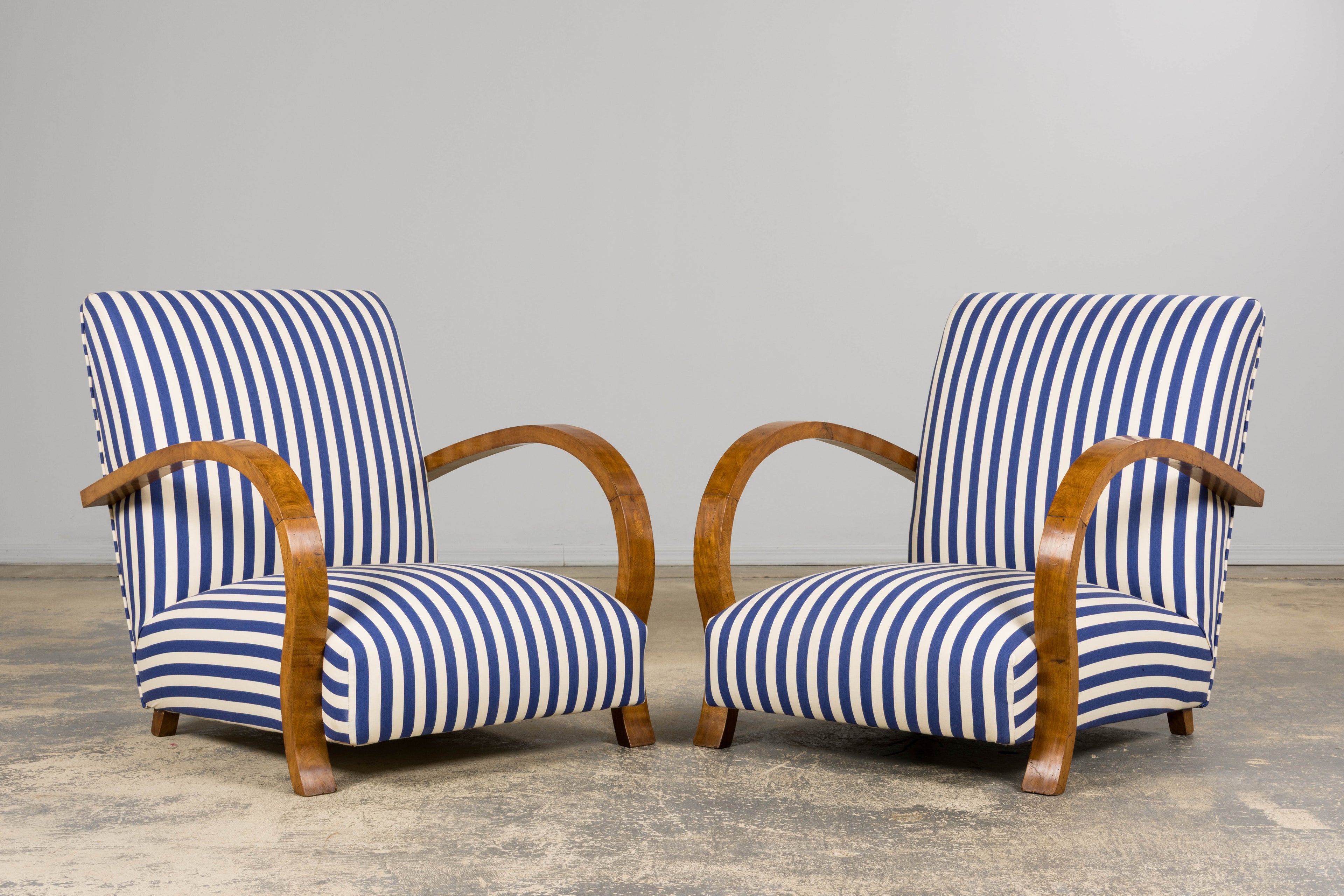 1930s French Art Deco Walnut Bridge Arm Lounge Chairs in Blue Stripe - A Pair