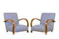 1930s French Art Deco Walnut Bridge Arm Lounge Chairs in Blue Stripe - A Pair