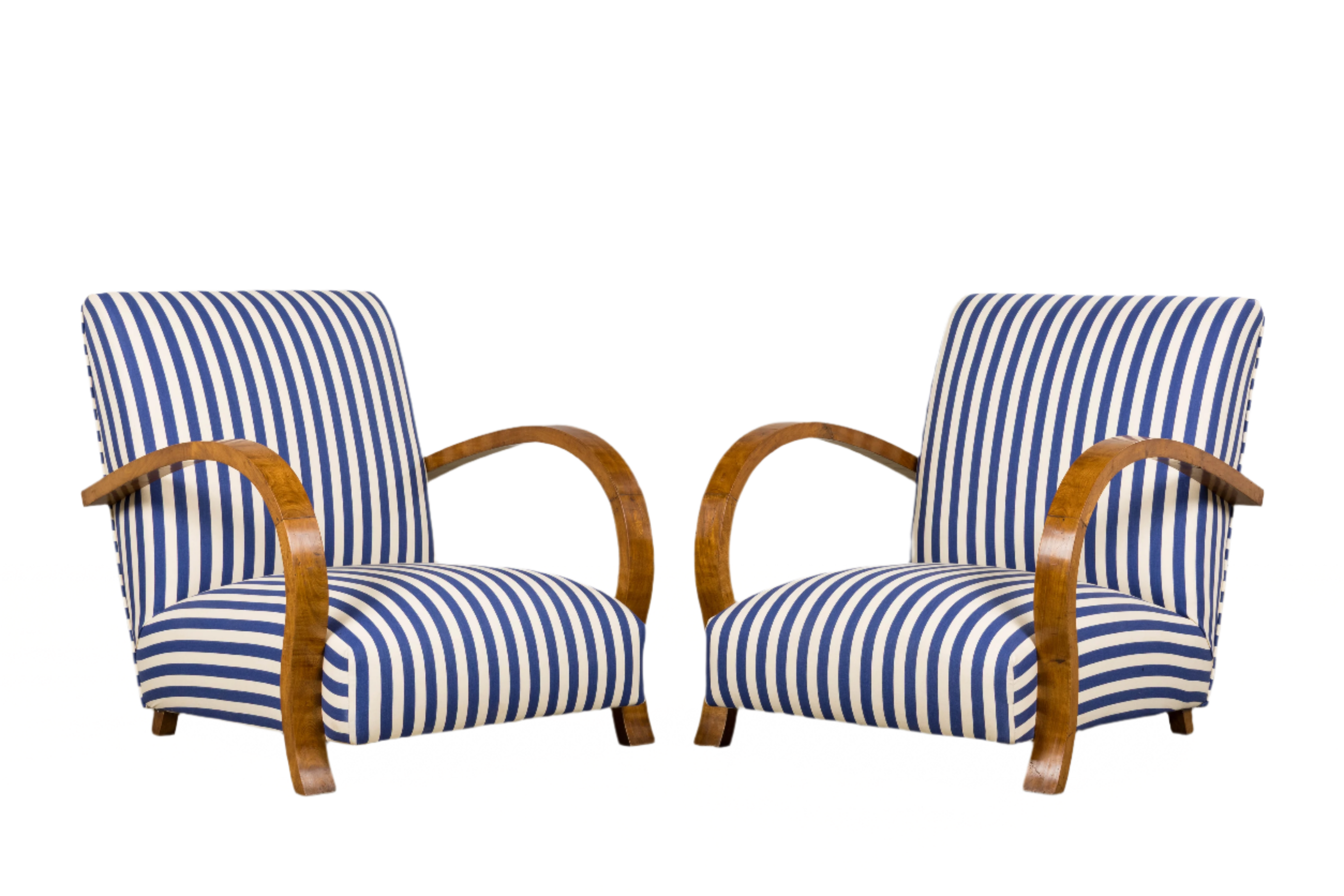 1930s French Art Deco Walnut Bridge Arm Lounge Chairs in Blue Stripe - A Pair