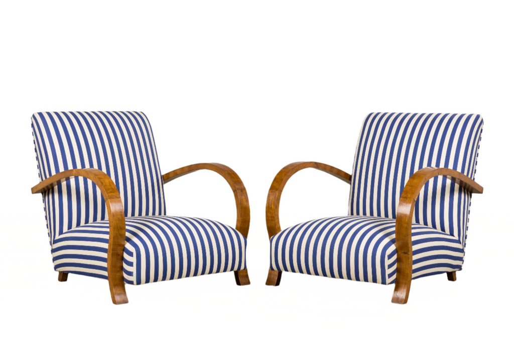 1930s French Art Deco Walnut Bridge Arm Lounge Chairs in Blue Stripe - A Pair
