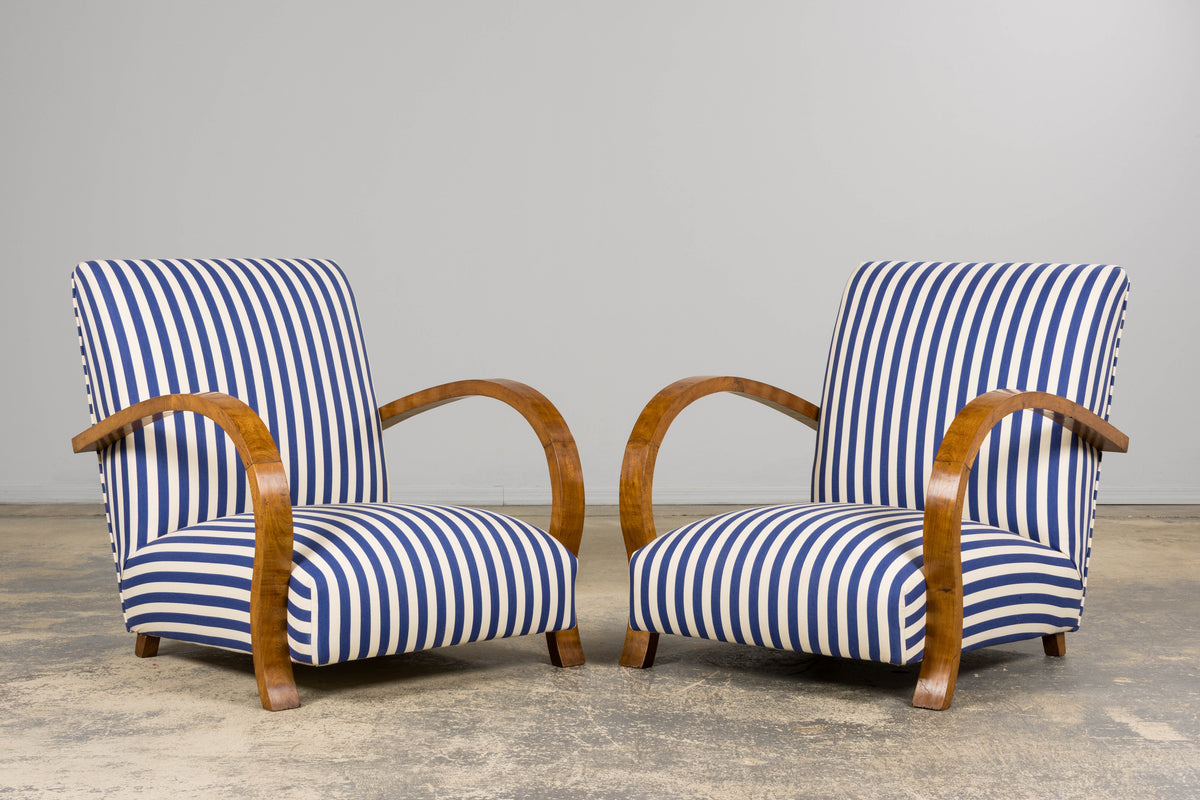1930s French Art Deco Walnut Bridge Arm Lounge Chairs in Blue Stripe - A Pair