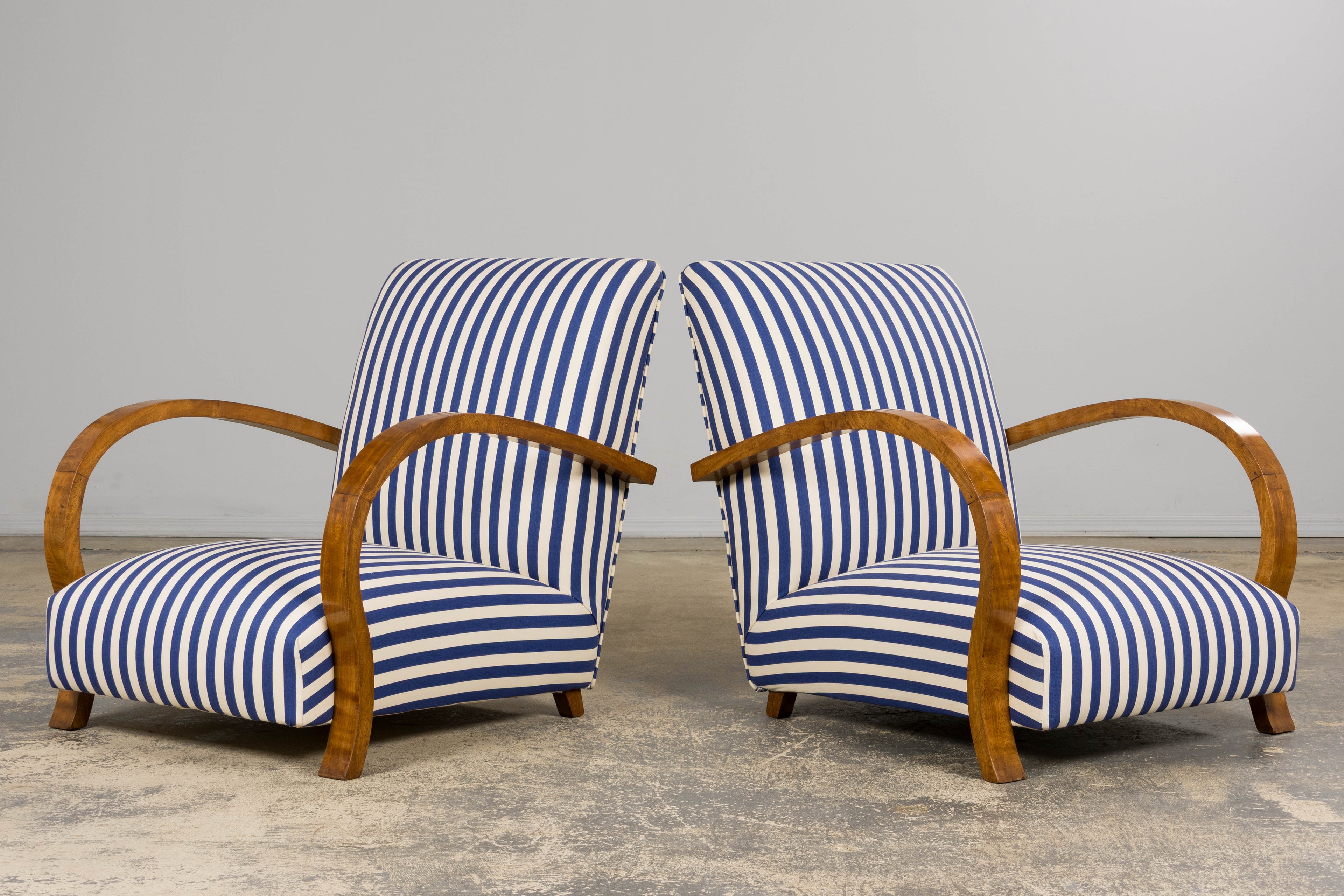1930s French Art Deco Walnut Bridge Arm Lounge Chairs in Blue Stripe - A Pair