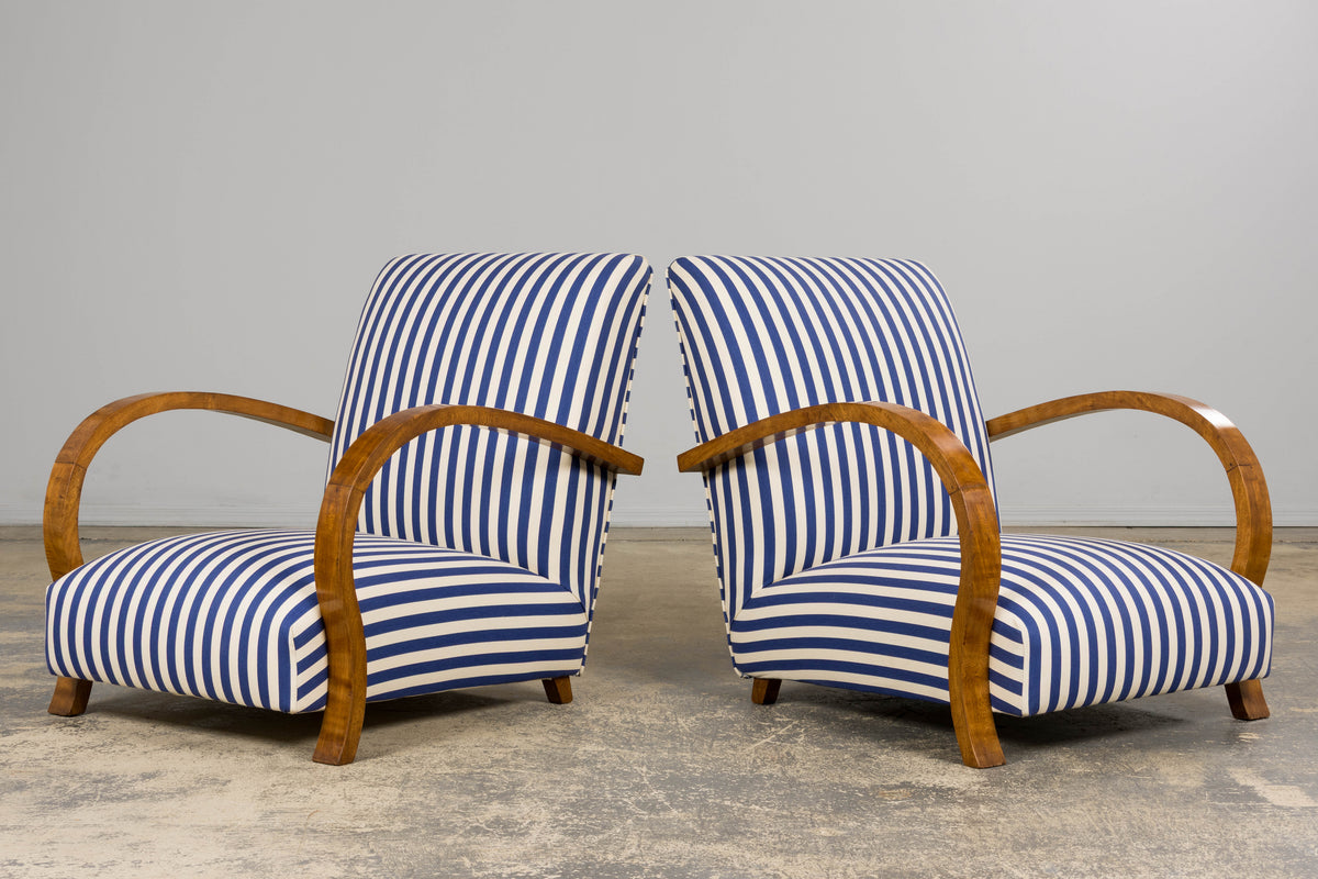1930s French Art Deco Walnut Bridge Arm Lounge Chairs in Blue Stripe - A Pair