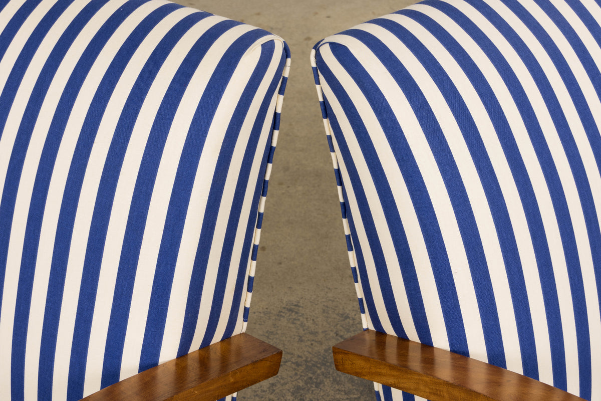 1930s French Art Deco Walnut Bridge Arm Lounge Chairs in Blue Stripe - A Pair