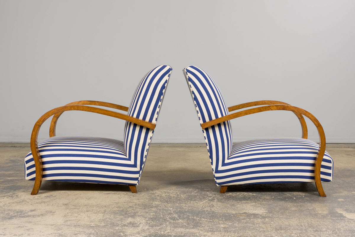 1930s French Art Deco Walnut Bridge Arm Lounge Chairs in Blue Stripe - A Pair
