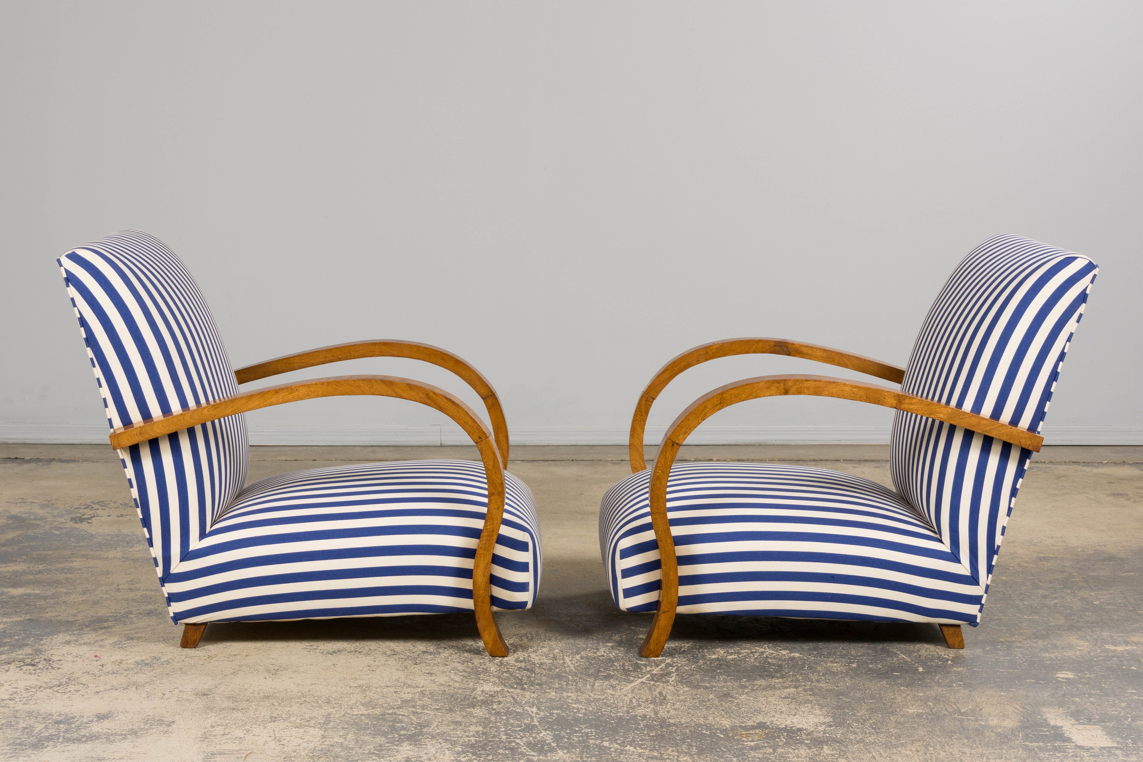 1930s French Art Deco Walnut Bridge Arm Lounge Chairs in Blue Stripe - A Pair