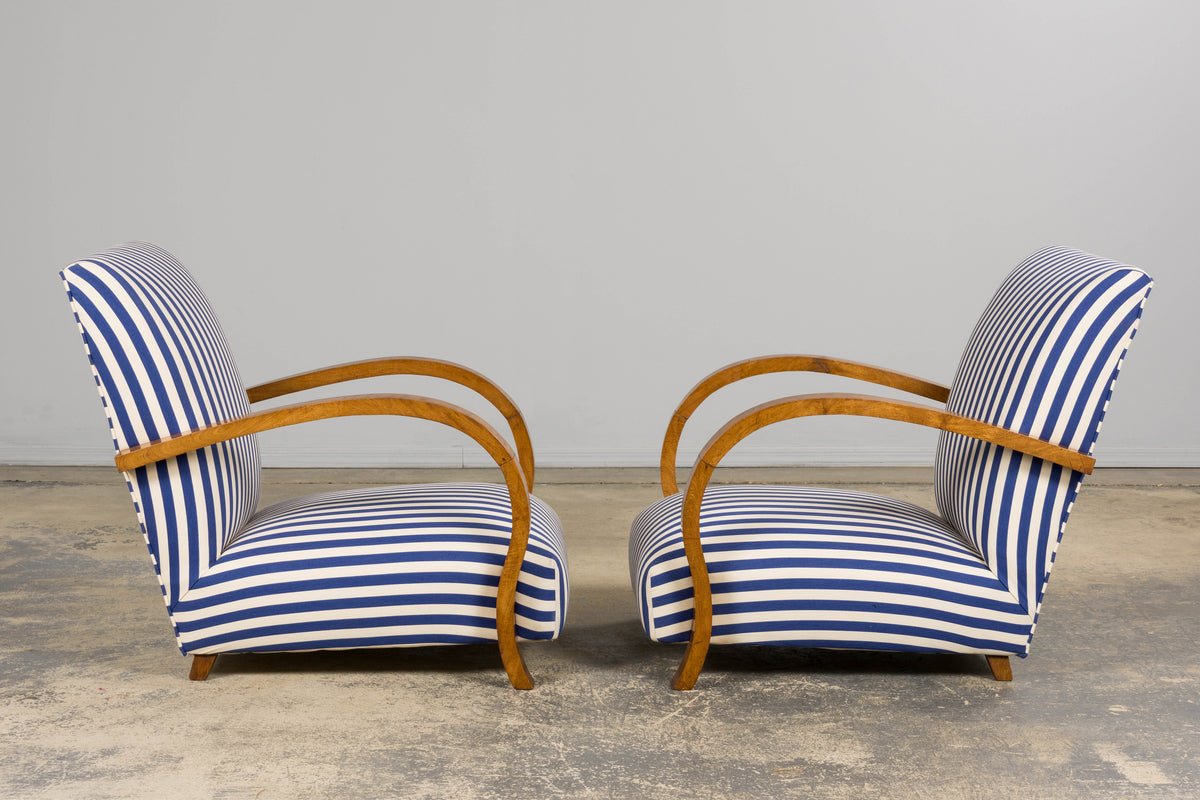 1930s French Art Deco Walnut Bridge Arm Lounge Chairs in Blue Stripe - A Pair
