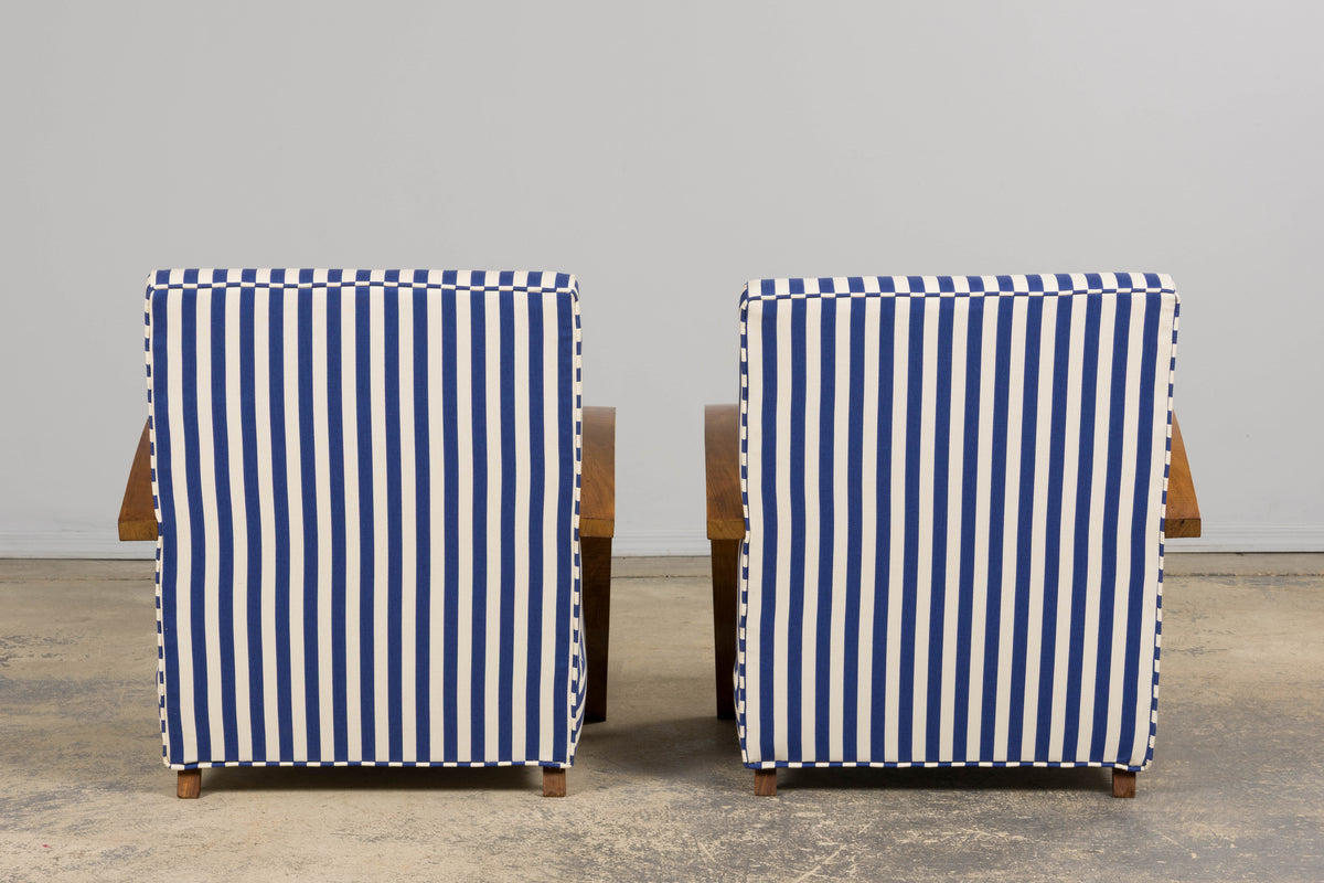 1930s French Art Deco Walnut Bridge Arm Lounge Chairs in Blue Stripe - A Pair